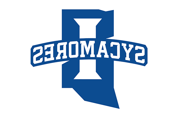 Athletics – logo – A blue logo on white with the shape of Indiana in blue, with a large “I” in the middle of the state and text reading “Sycamores” in white letters through the middle.